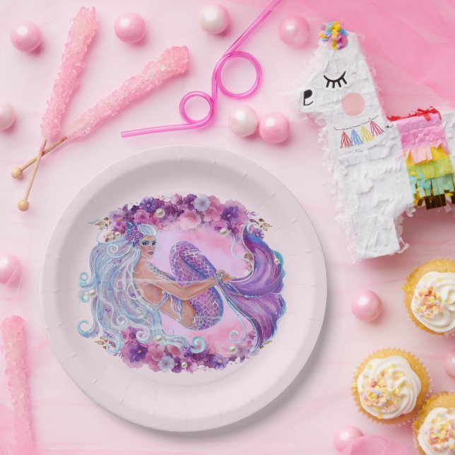 Pink mermaid unique  paper plates (Party)