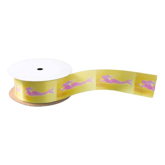 pink mermaids on yellow satin ribbon (Spool)