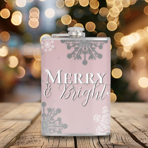 Pink Merry and Bright Snowflakes Christmas Flask