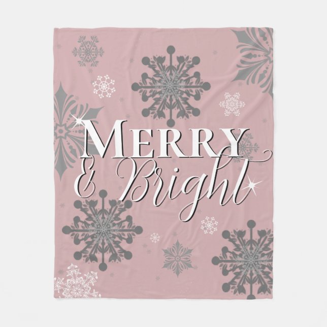 Pink Merry and Bright Snowflakes Christmas Fleece Blanket (Front)