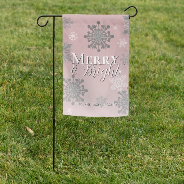 Pink Merry and Bright Snowflakes Christmas Garden Flag (In SItu)