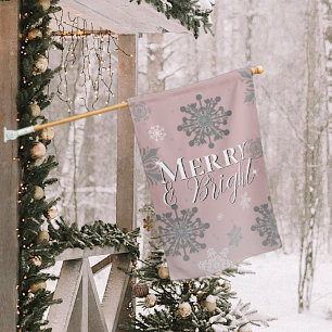 Pink Merry and Bright Snowflakes Christmas House Flag