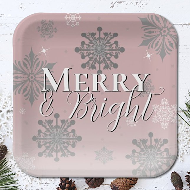 Pink Merry and Bright Snowflakes Christmas Paper Plates (Creator Uploaded)