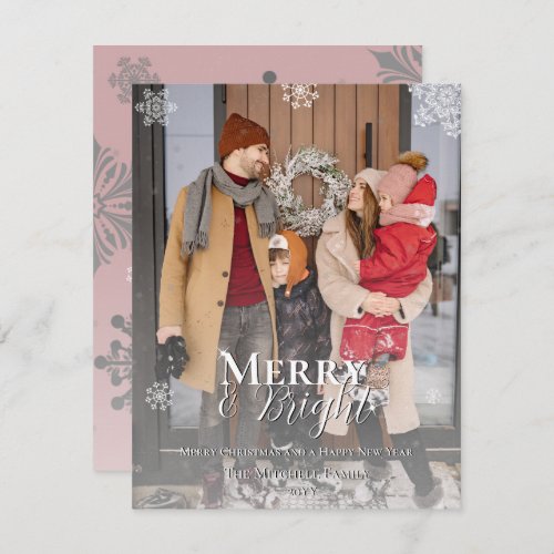 Pink Merry and Bright Snowflakes Christmas Photo Holiday Card