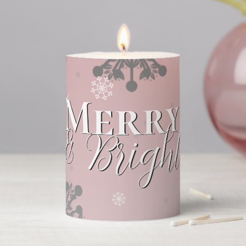 Pink Merry and Bright Snowflakes Christmas Pillar Candle