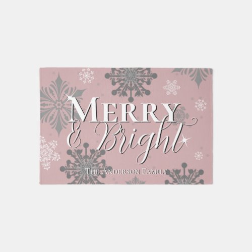 Pink Merry and Bright Snowflakes Christmas Rug