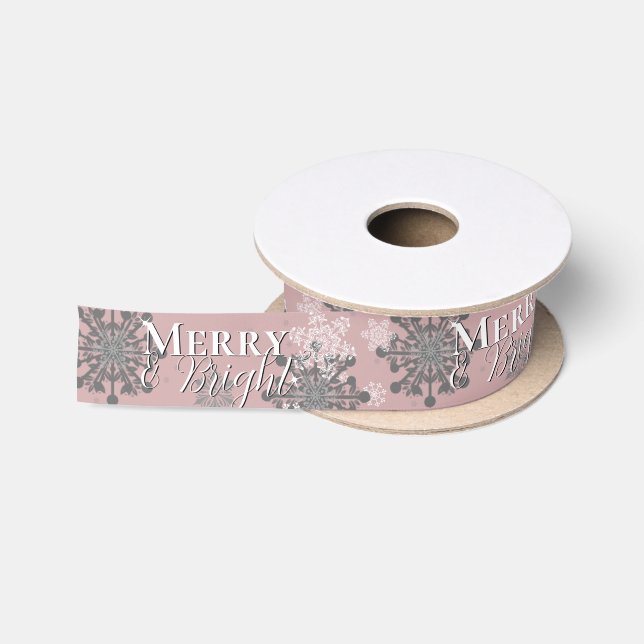 Pink Merry and Bright Snowflakes Christmas Satin Ribbon (Spool)