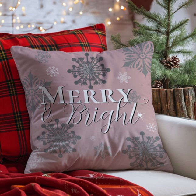 Pink Merry and Bright Snowflakes Christmas Throw Pillow (Pink Merry and Bright Snowflakes Christmas Throw Pillow)