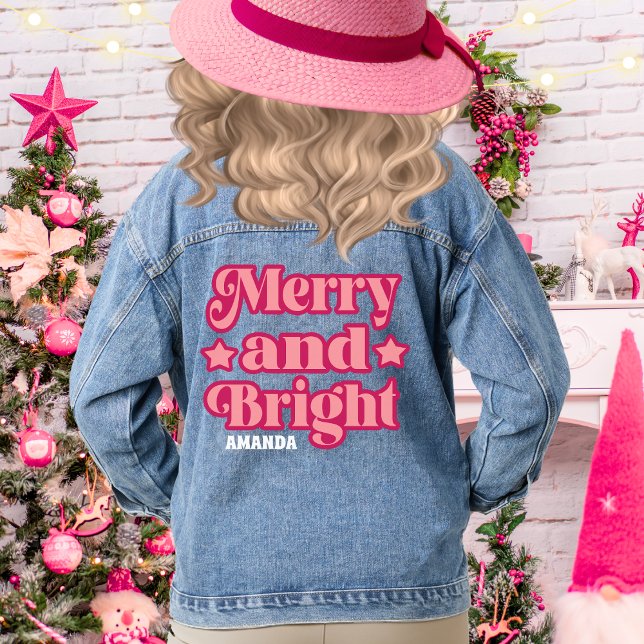 Pink Merry & Bright Christmas Personalized Name Denim Jacket (Creator Uploaded)