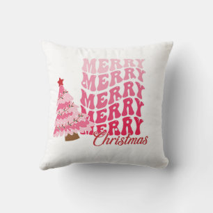 Pink Merry Christmas and Christmas Tree Throw Pillow