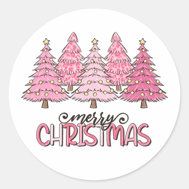 Pink Merry Christmas Classic Round Sticker (Front)