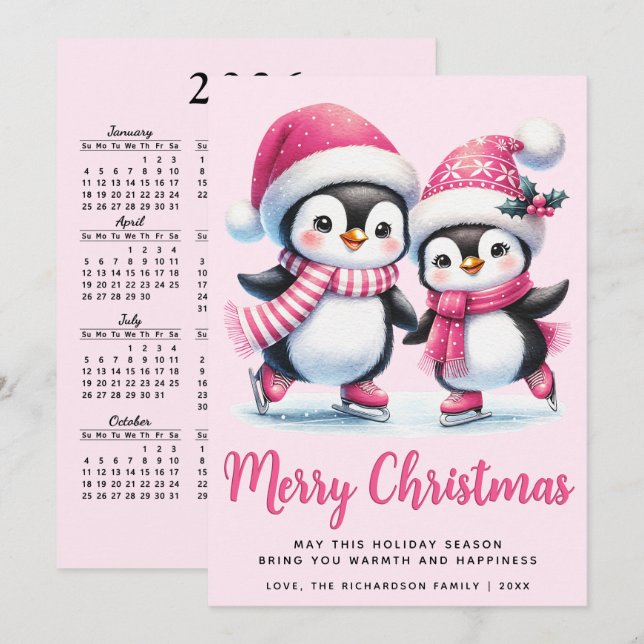 Pink Merry Christmas Cute Ice Skating Penguins Holiday Card (Front/Back)