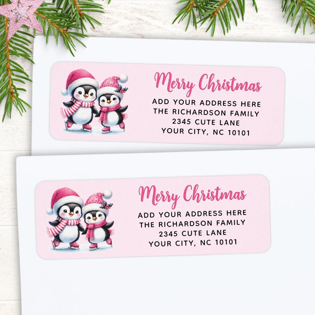 Pink Merry Christmas Cute Ice Skating Penguins Label (Creator Uploaded)