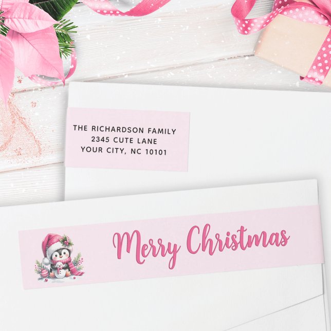 Pink Merry Christmas Cute Penguin Address Wrap Around Label (Creator Uploaded)