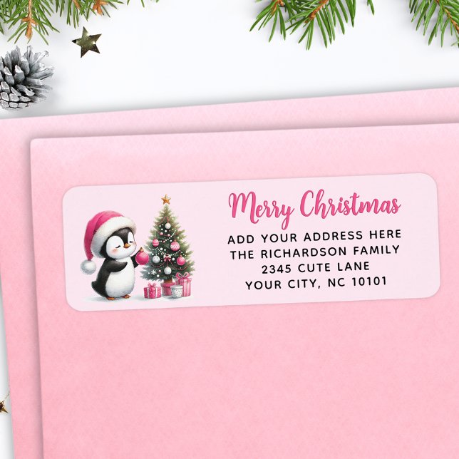 Pink Merry Christmas Cute Penguin Elegant Modern Label (Creator Uploaded)