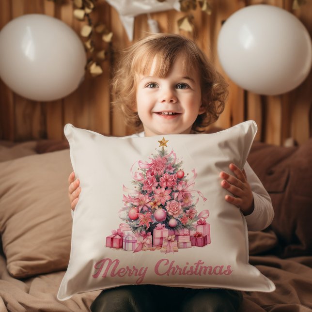 Pink Merry Christmas Holiday Tree Gifts  Throw Pillow (Cute pink Christmas tree "Merry Christmas" decorator pillow.)