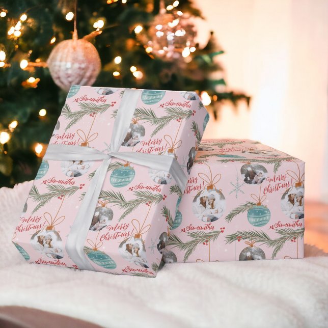 Pink merry Christmas illustration name 2 photos Wrapping Paper (Pink merry Christmas illustration name 2 photos Wrapping Paper)