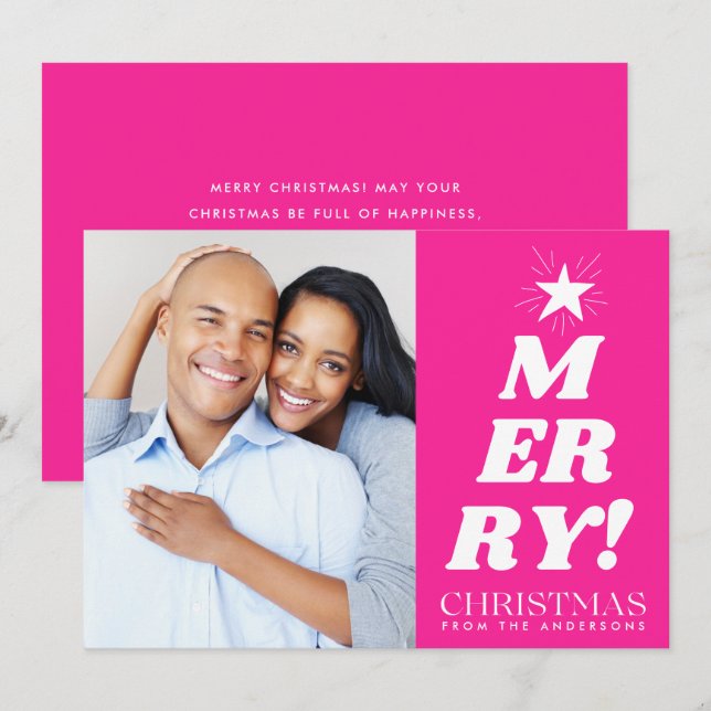 Pink Merry Christmas Photo Holiday Card (Front/Back)