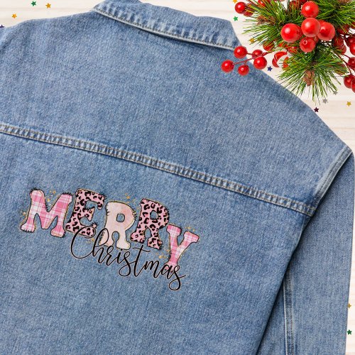Pink Merry Christmas Plaid Leopard Print Glitter Denim Jacket