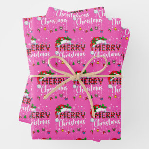 Pink Merry Christmas Santa Hat Reindeer Xmas Pink Wrapping Paper Sheets