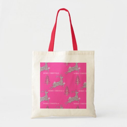 Pink Merry Christmas Sparkling Reindeer Tote Bag