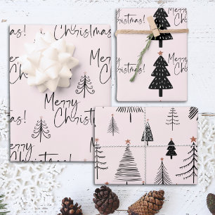 Pink Merry Christmas Tree Wrapping Paper Sheets