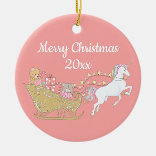Pink Merry Christmas Unicorn Santas Sleigh Ceramic Ornament