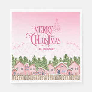 Pink Merry Christmas Village Party Paper Napkins