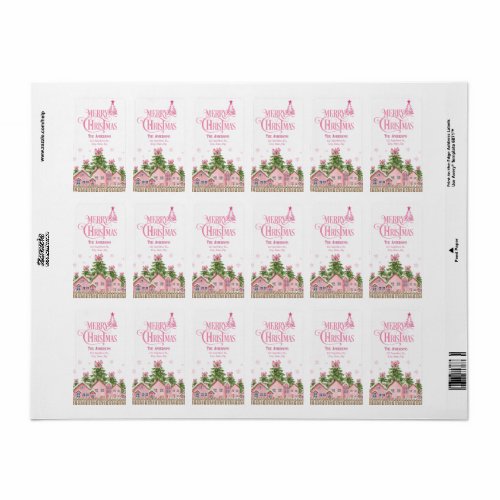 Pink Merry Christmas Village Tree Address Labels