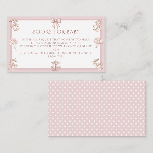 Pink Merry Go Round Books for Baby Shower Enclosure Card (Front/Back)
