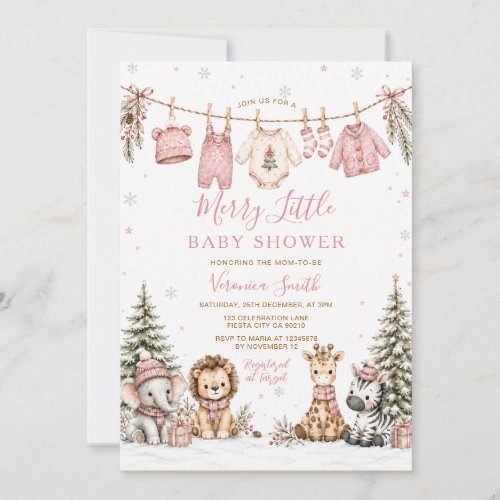 Pink Merry Little Christmas Safari Baby Shower Invitation