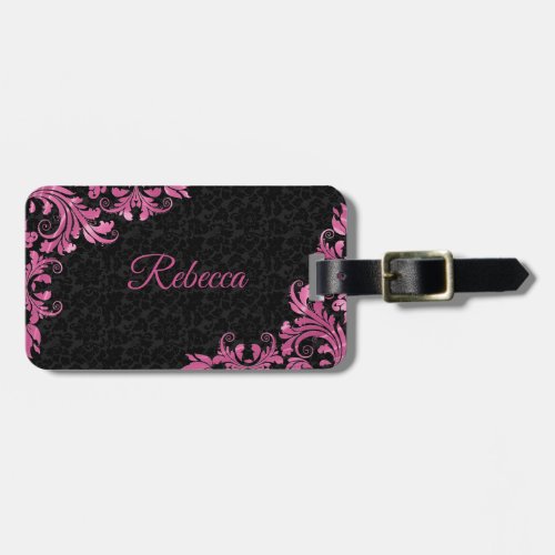 Pink Metal Lace Black Damasks Luggage Tag