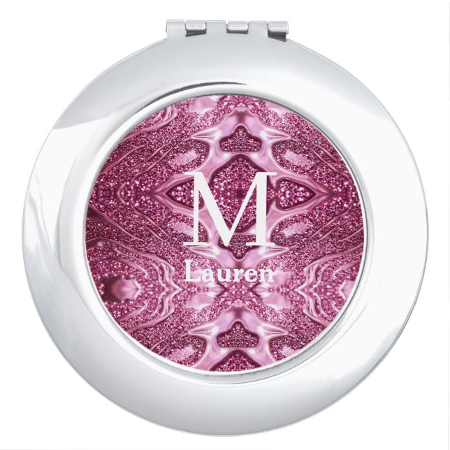 pink metallic abstract shiny monogram namegirly compact mirror (Front)