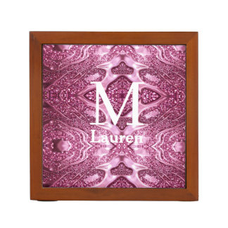 pink metallic abstract shiny monogram namegirly desk organizer