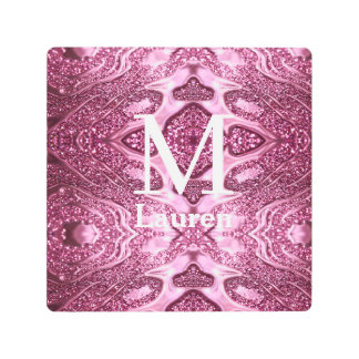 pink metallic abstract shiny monogram namegirly metal print