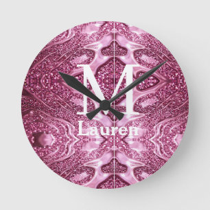 pink metallic abstract shiny monogram namegirly round clock