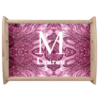 pink metallic abstract shiny monogram namegirly serving tray