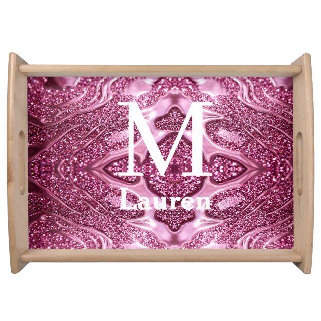 pink metallic abstract shiny monogram namegirly serving tray (Front)