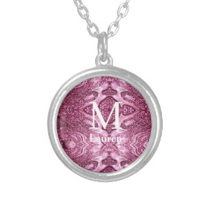 pink metallic abstract shiny monogram namegirly silver plated necklace
