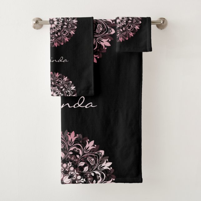 Pink Metallic Black | Floral Mandala | Monogram Bath Towel Set (Insitu)