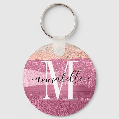 Pink Metallic Brushed Glitter Sparkle Monogram Keychain