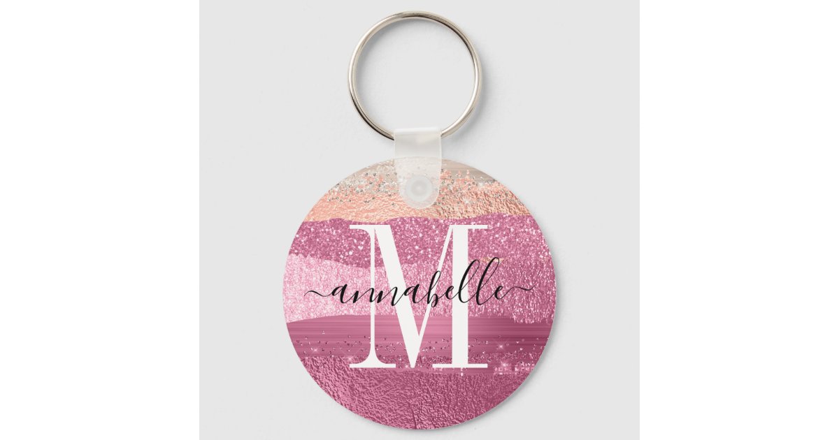 Blush Pink Brushed Metal Glitter Monogram Name Keychain