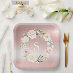 Pink Metallic Floral Monogram Watercolor Paper Plates