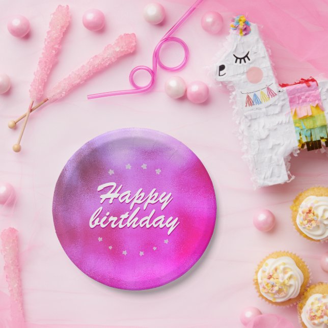 Pink Metallic Foil Star Girly Happy Birthday Paper Plates (Party)