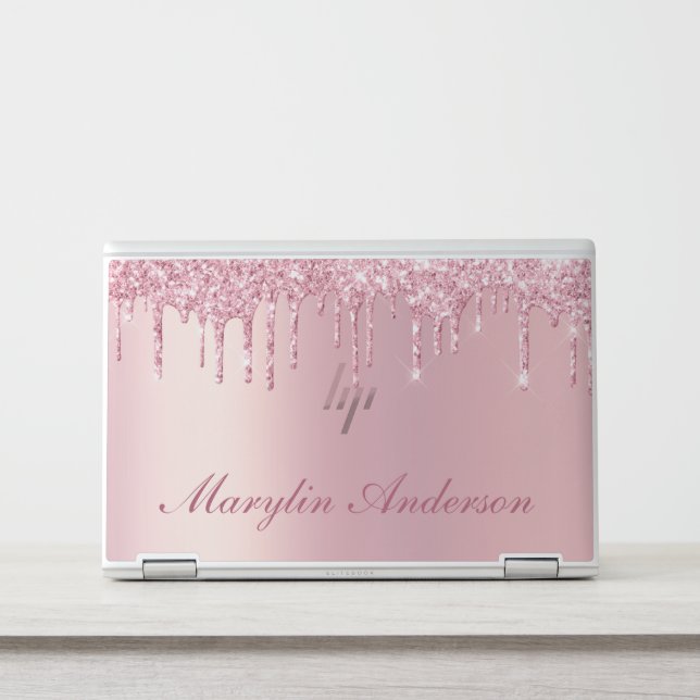 PINK METALLIC GLITTER DRIP CURSIVE NAME MONOGRAM HP LAPTOP SKIN (Front)