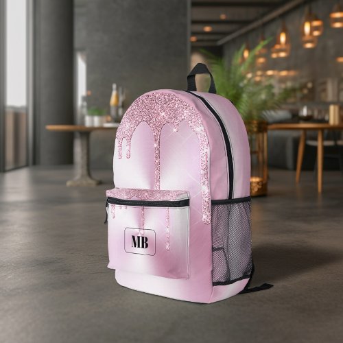 Pink Metallic Glitter Drip Monogrammed Printed Backpack