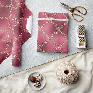 Pink Metallic Gold Glitter Damask Wrapping Paper