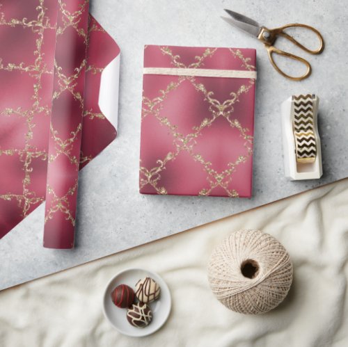 Pink Metallic Gold Glitter Damask Wrapping Paper