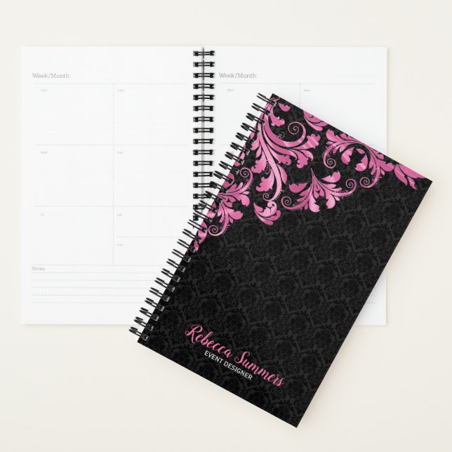 Pink Metallic Lace Black Damask Planner (Display)