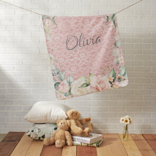 Pink Metallic Lace Damask Vintage Floral Name Baby Blanket